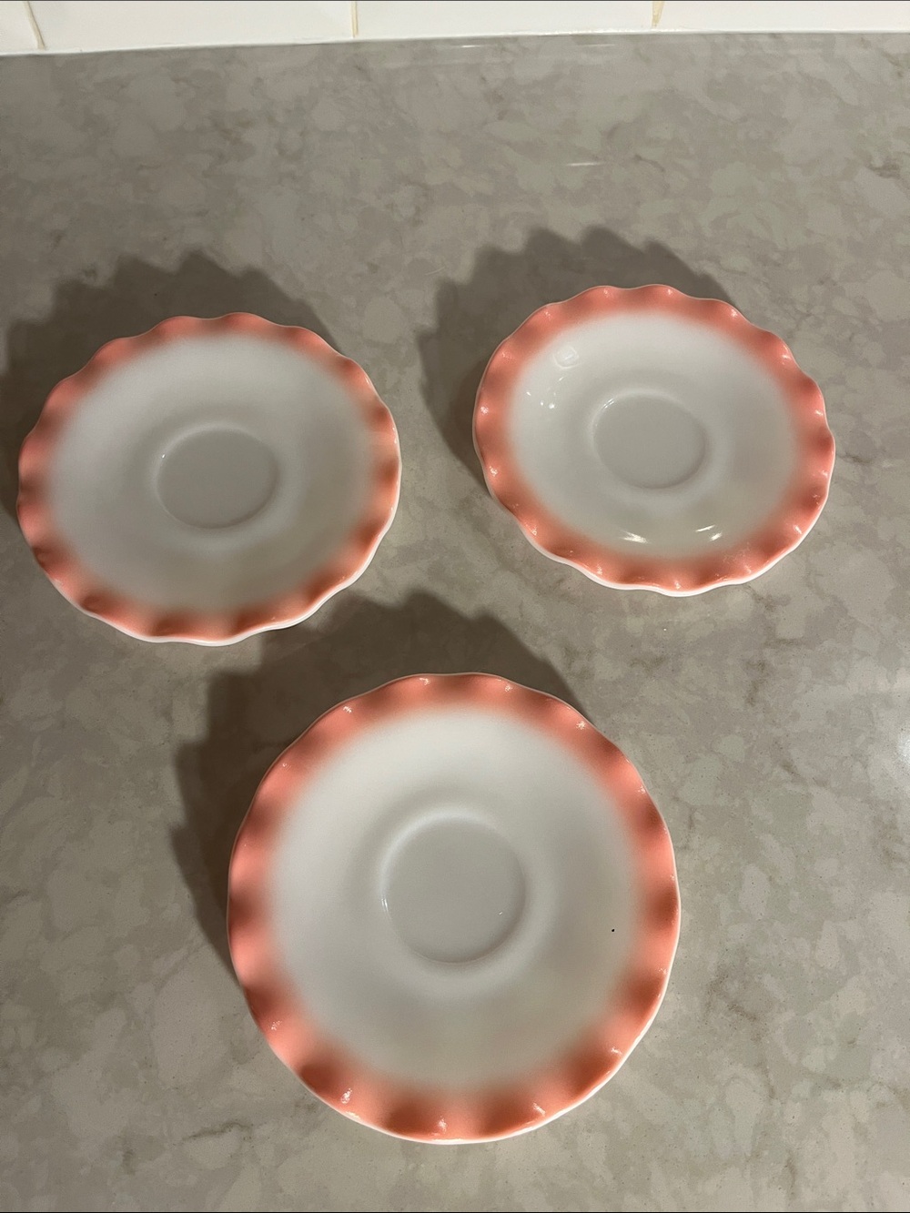 Hazel Atlas Pink Crinoline Saucer Plates Ripple Ruffle Vintage 5.5” Set Of 3